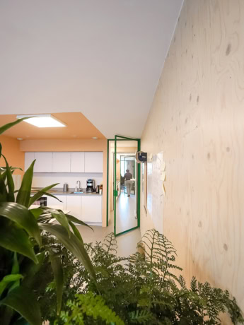 Steel-framed door with custom finish in an office space.