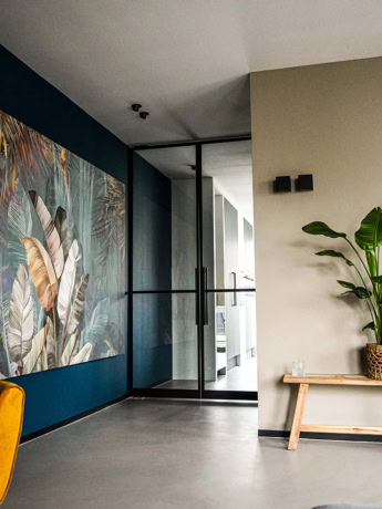 Sleek steel wall finish and glass partition in modern interior with plant and art wall, typical of Aluwdoors custom-made.