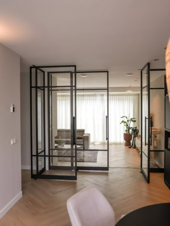 Double pivot door with side panels in living room