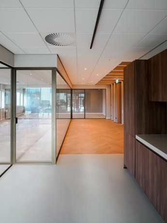 Bespoke glass steel partition wall and door in a modern office interior.