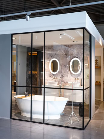 Bespoke steel bathroom walls and doors from high-quality materials, modern and stylish design.