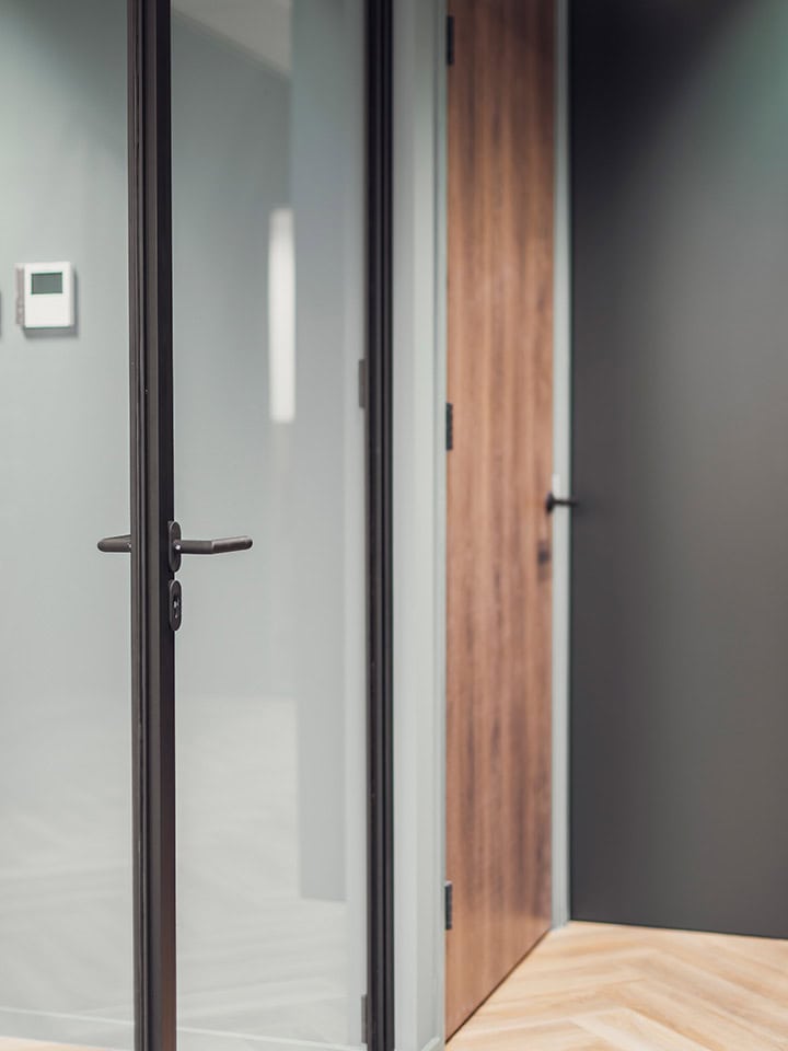 A stylish steel interior door with a flat, modern finish and sleek details, perfect for any interior.