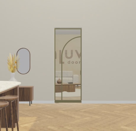 Moderne stalen deur met glazen paneel en ronde bovenkant, perfect voor stijlvolle interieurs en scheiding van ruimtes, op maat gemaakt door Aluwdoors.