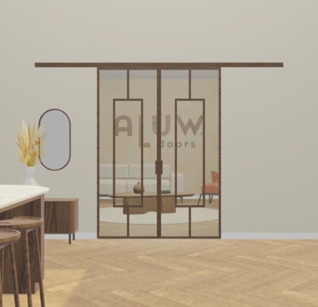 Moderne stalen scheidingswand met glazen deuren en houten frame, ideaal voor het creëren van een stijlvolle en functionele ruimteverdeler in een interieur.