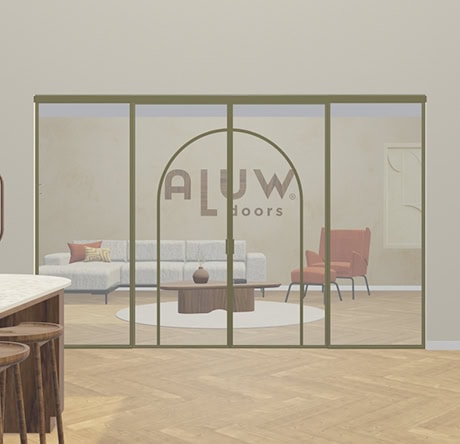 Moderne stalen dubbele deuren met glazen panelen, ideaal voor scheiding van woonruimtes en het toevoegen van een industriële uitstraling. Perfect op maat gemaakt door Aluwdoors.
