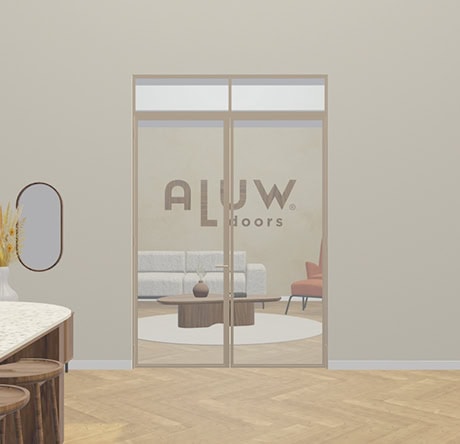 Moderne stalen dubbele deuren met glazen panelen, perfect voor scheiding van ruimtes, op maat gemaakt door Aluwdoors. Elegant en functioneel ontwerp voor elke interieurstijl.
