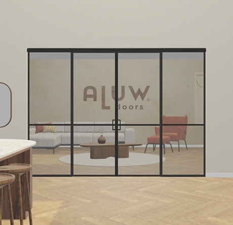 Modern industrial steel sliding door with glass panels, perfect for separating spaces and adding an industrial look to your home or office.