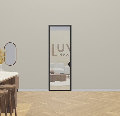 Modern industrial steel door with glass panel, perfect for a stylish and functional partition in an interior with a minimalist and industrial design.