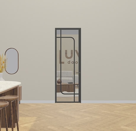Strakke stalen deur met glas en minimalistisch frame, perfect voor een eigentijdse interieurafwerking. Geschikt voor woon- en kantoorruimtes, op maat gemaakt door Aluwdoors.