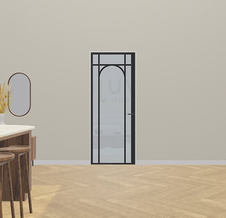 Een stijlvolle stalen deur met geometrisch patroon, perfect voor een eigentijdse interieurafwerking. Geschikt voor diverse ruimtes en op maat gemaakt door Aluwdoors.