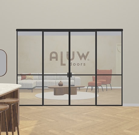 Een stijlvolle metalen schuifdeur met zwart metalen frame en glazen panelen, perfect voor het scheiden van ruimtes in een modern interieur.
