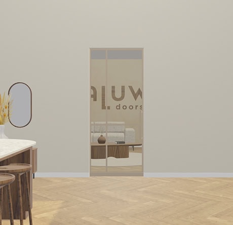 Modern steel door in living room with glass panels, matching interior style, for a sleek and industrial look. Perfectly tailored by Aluwdoors.