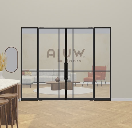 Stalen wand met deur van hoogwaardig staal, perfect voor moderne interieurs. Op maat gemaakte scheidingswand met glazen panelen en dubbele deuren, ideaal voor kantoor of woonruimte.