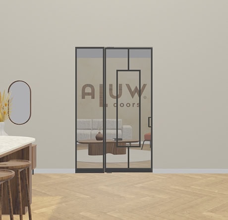 Stalen wand met deur van Aluwdoors, perfect voor moderne interieurs, met strakke lijnen en hoogwaardige afwerking. Ideaal voor scheiding en decoratie in woon- of kantoorruimtes.